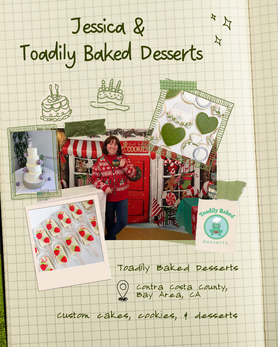 Jessica, a home-baker who makes desserts and baked goods in the Bay Area, and her business Toadily Baked Desserts at a Christmas fair. Also her wedding cakes, cake pops, and cookies.
